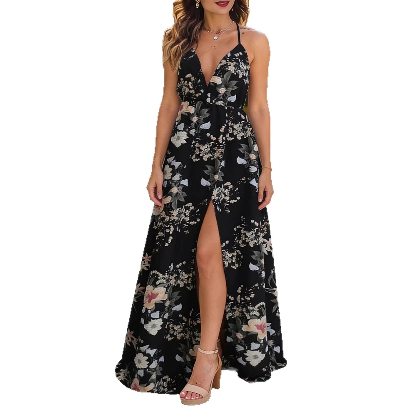 Damen Maxikleid A-Linie V-Ausschnitt Blumenmuster Eveloria