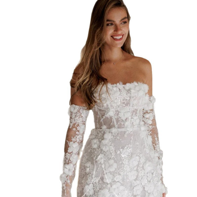 Damen Hochzeitskleid Florales Design Transparente Ärmel Weiße Eveloria