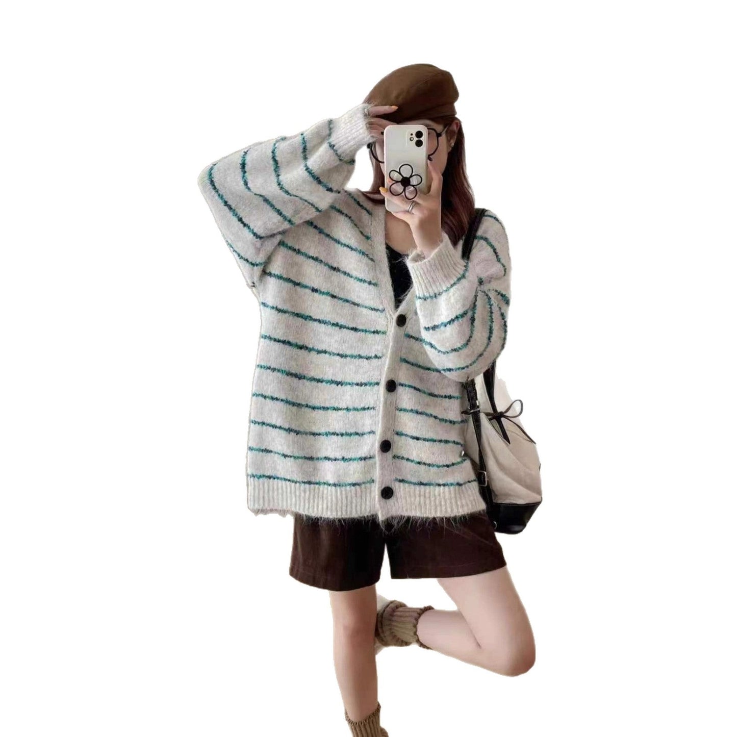 Damen Grobstrickcardigan Kontraststreifen Weich Ärmel