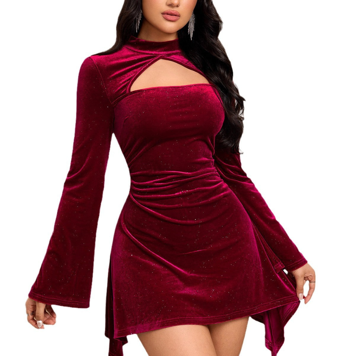 Eveloria Damen Minikleid Samt Cut-Out Längsärmel