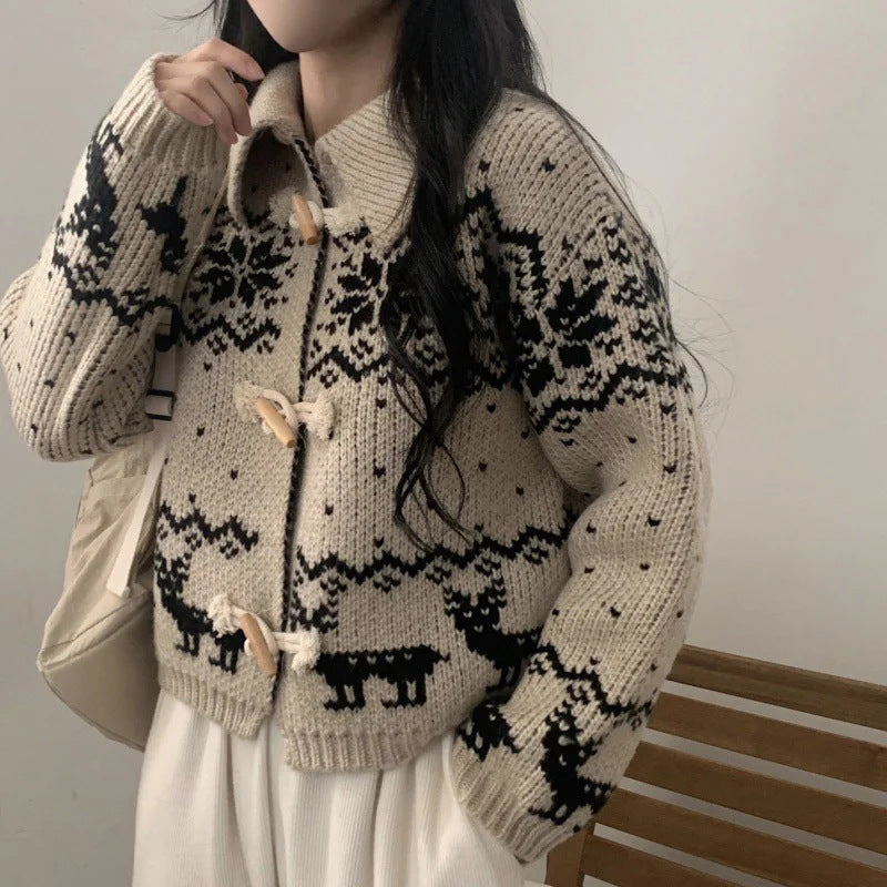 Damen Strickjacke Tiermotiv Hochwertig Holzknöpfe Beige