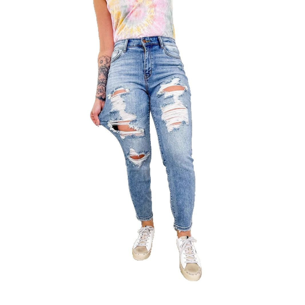 Damen High-Waist Boyfriend-Jeans Destroyed Dunkelblau Eveloria