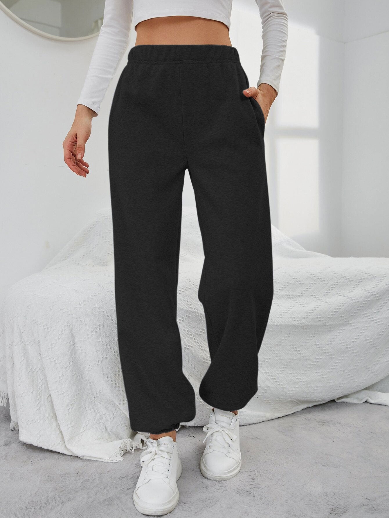 Damen Sweatpants Elastischer Bund Seitentaschen Beige