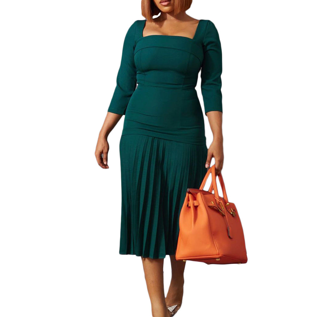 Damen Plissee-Kleid mit Quadrat-Ausschnitt und 3/4-Ärmeln