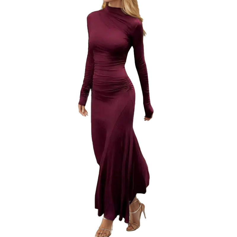 Damen Maxikleid Langarm Figurformend Elegant Rollkragen