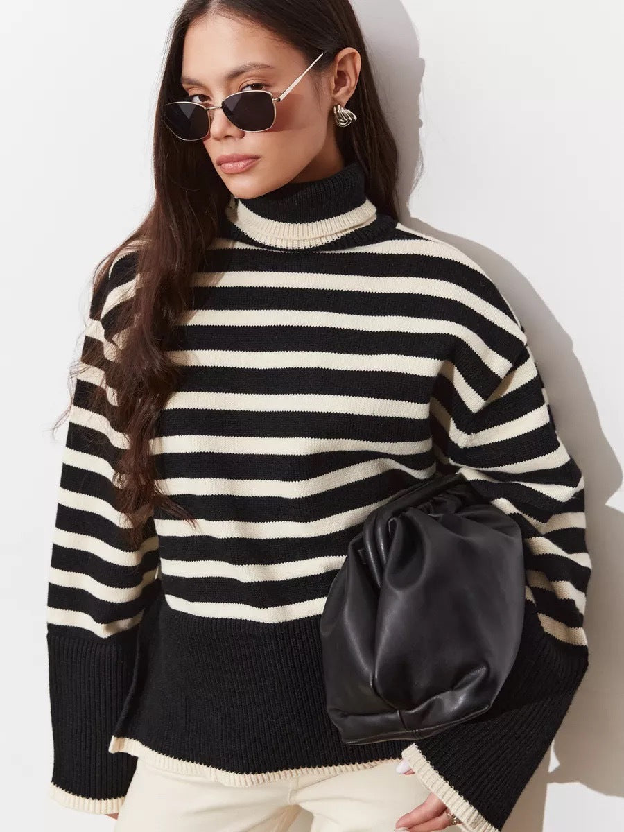 Damen Pullover Grobgestrickt Breton-Streifen Hochkragen Beige
