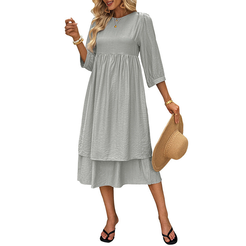 Damen Midi-Kleid Schwingrock Puffärmel Elegantes Design