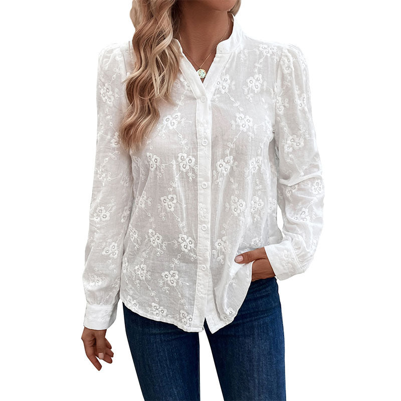 Damen Bluse Florales Stickdesign Puffärmel Elegant