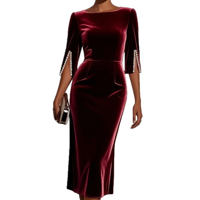 Damen Samtkleid Figurbetont Perlendetails Eveloria