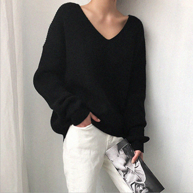 Damen Pullover V-Ausschnitt Strukturierter Look Breite Ärmel Grau