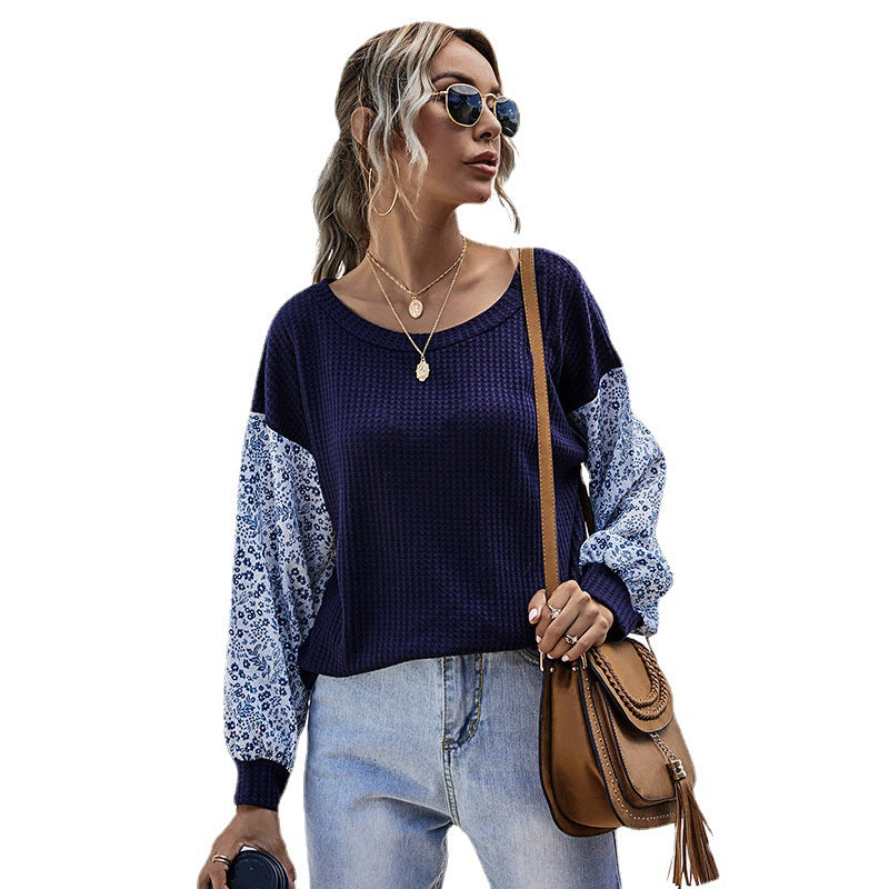 Damen Strickoberteil Floral Puffärmel Braun