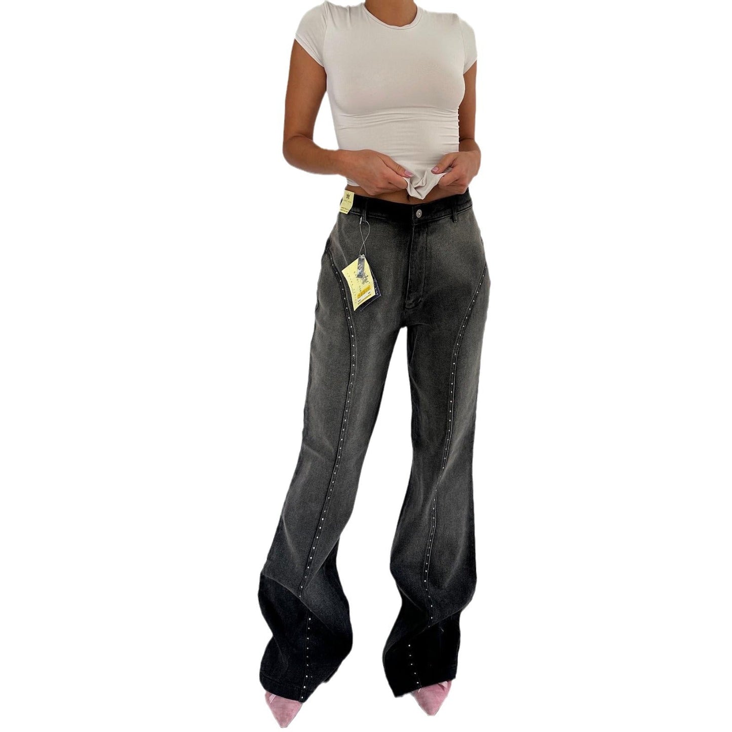 Damen High-Waist Jeans Nietenverzierung Eveloria
