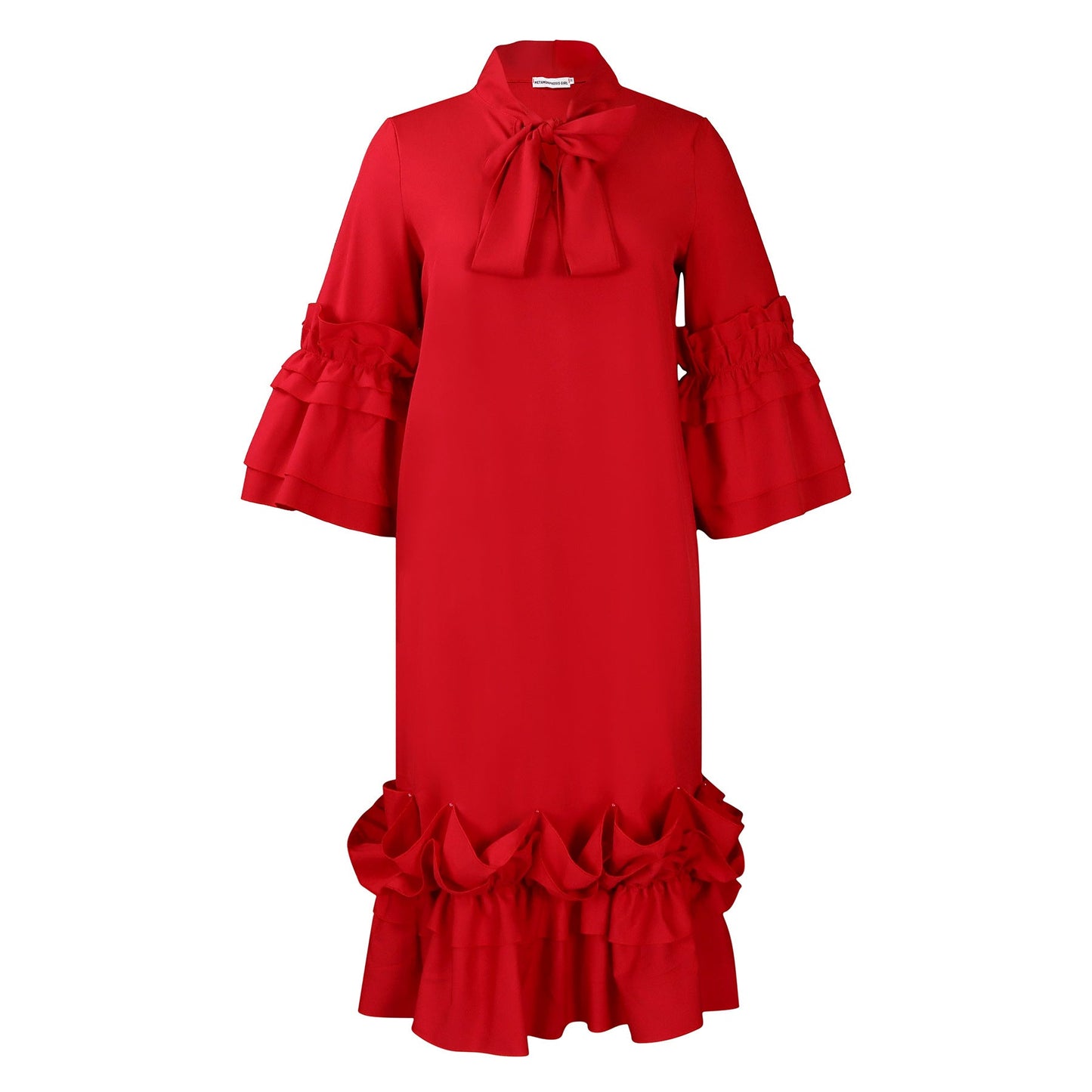 Damen Midi-Kleid Voluminöse Rüschenärmel Elegante Schleife