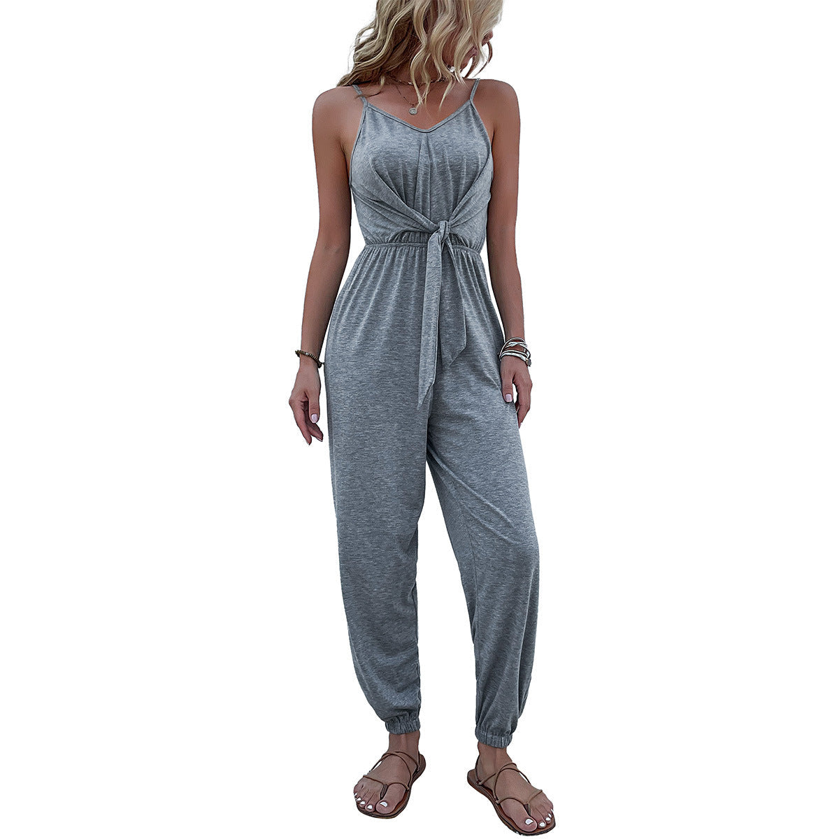 Damen Jumpsuit Sommer Elastischer Bund Mit Knoten Beige