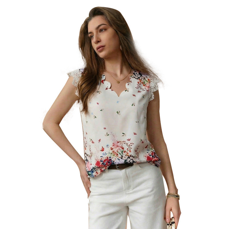Damen Bluse Floralmuster Spitzenbesatz Eveloria