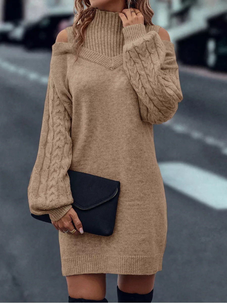 Damen Strickkleid Asymmetrisch Off-Shoulder Voluminöse Ärmel