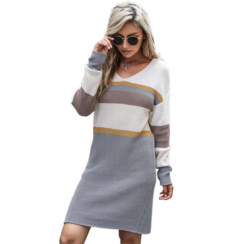 Damen Off-Shoulder-Strickkleid Breite Streifen Eveloria