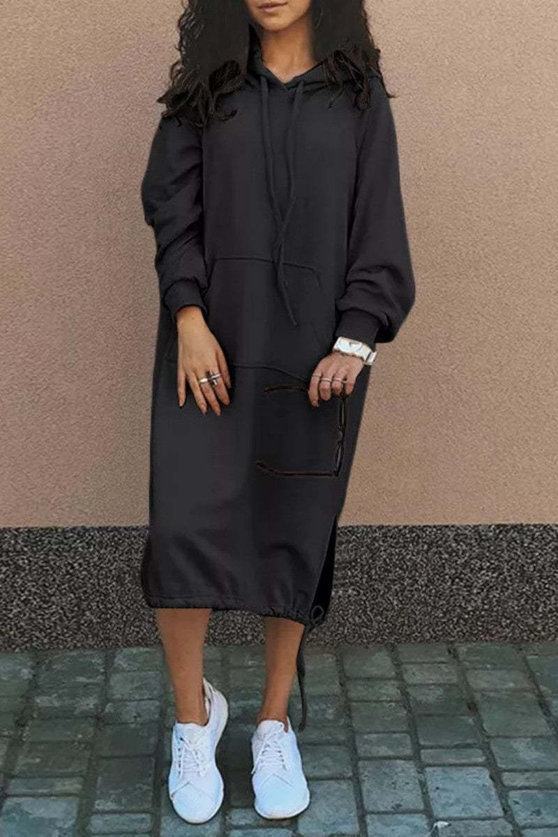 Damen Hoodie-Kleid Baumwolle Eingrifftaschen Regulierbar