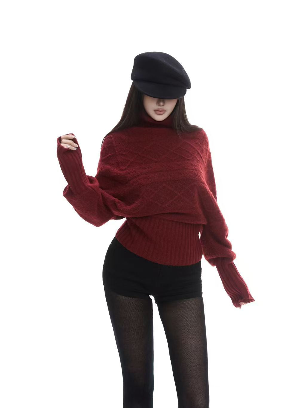 Damen Grobstrickpullover Hochkragen Kabelmuster