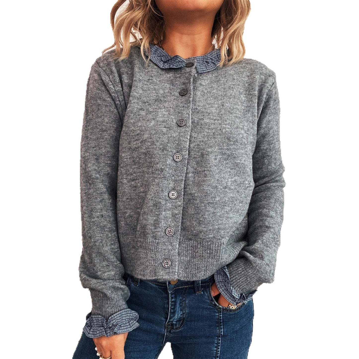 Damen Strickjacke Kontrastkragen Eveloria