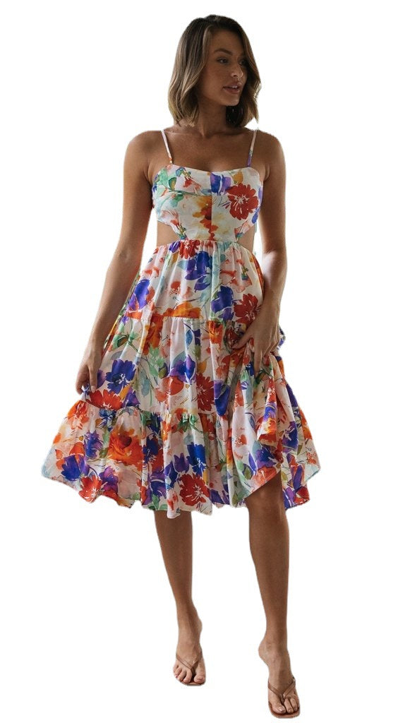 Damen Midi-Kleid Blumenmuster Fließender Rock Eveloria