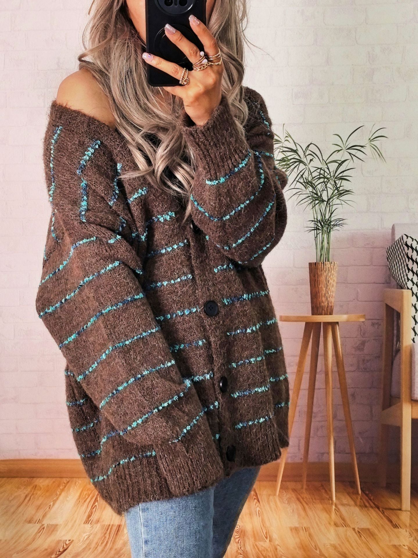 Damen Strickjacke Kuschelig Kontraststreifen Eveloria
