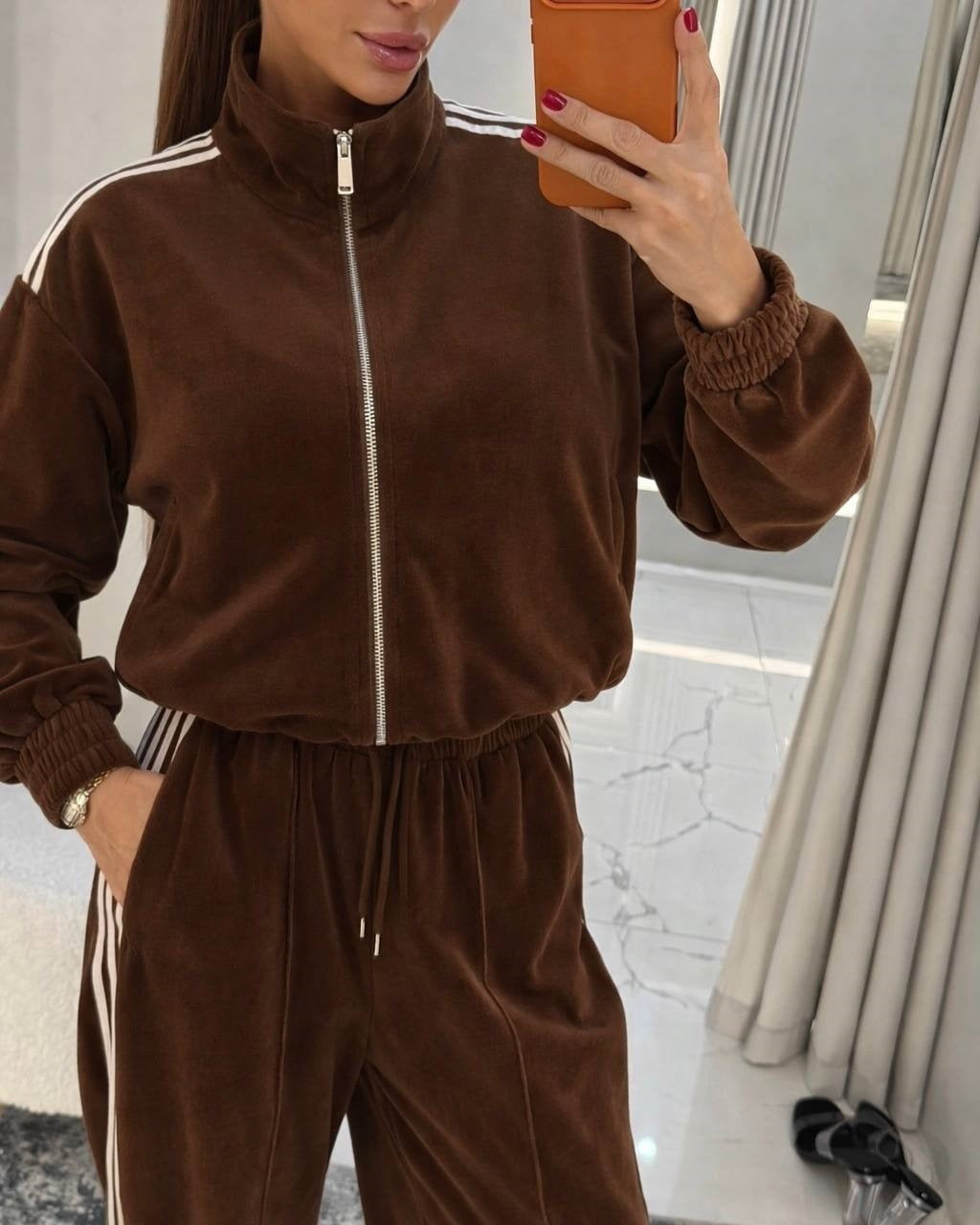 Damen Velours Jogginganzug Elastischer Bund Hochgeschlossener Kragen