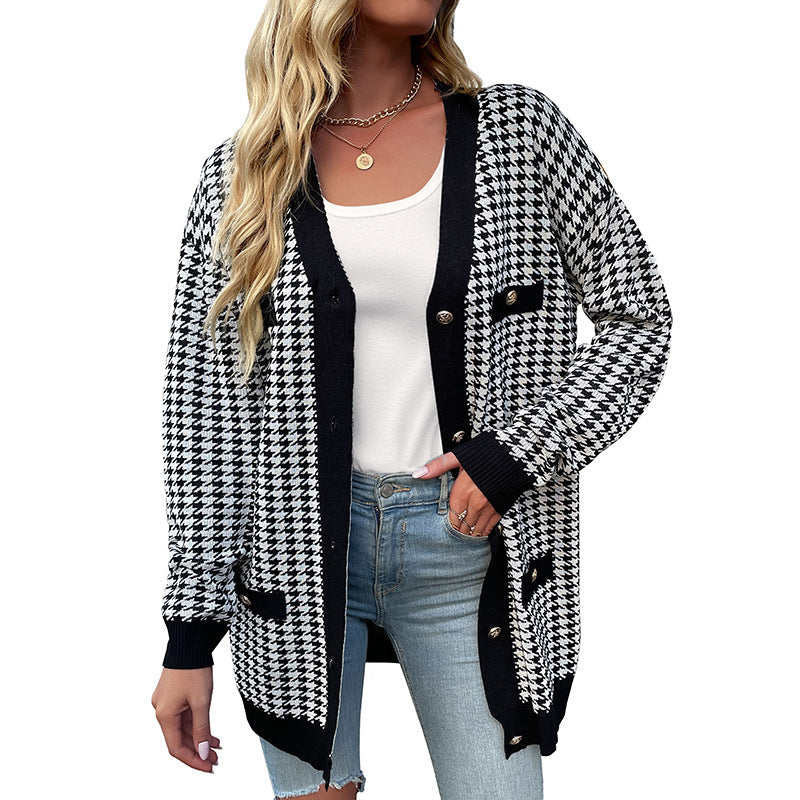 Damen Strickcardigan Hahnentritt-Muster Große Knöpfe Lang