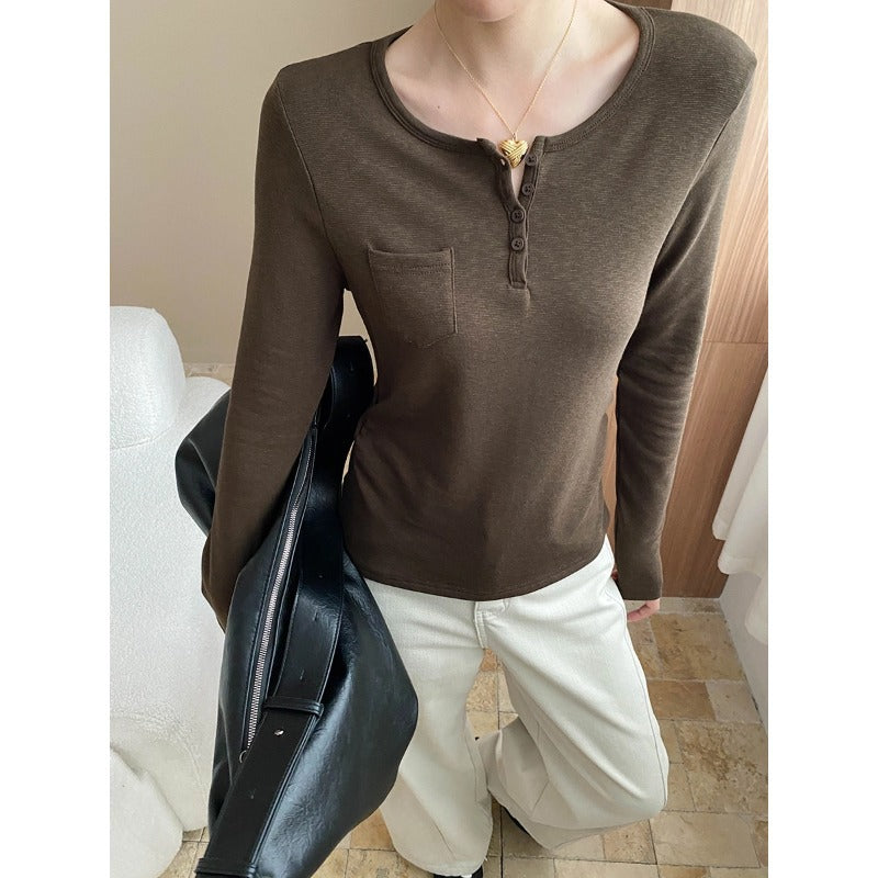 Damen Langarmshirt mit Knöpfen und Brusttasche Eveloria