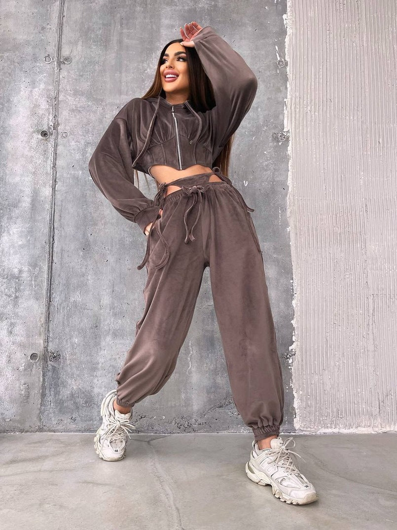 Damen Sportliches Velours-Set Reißverschluss Taillenschnitt Cropped