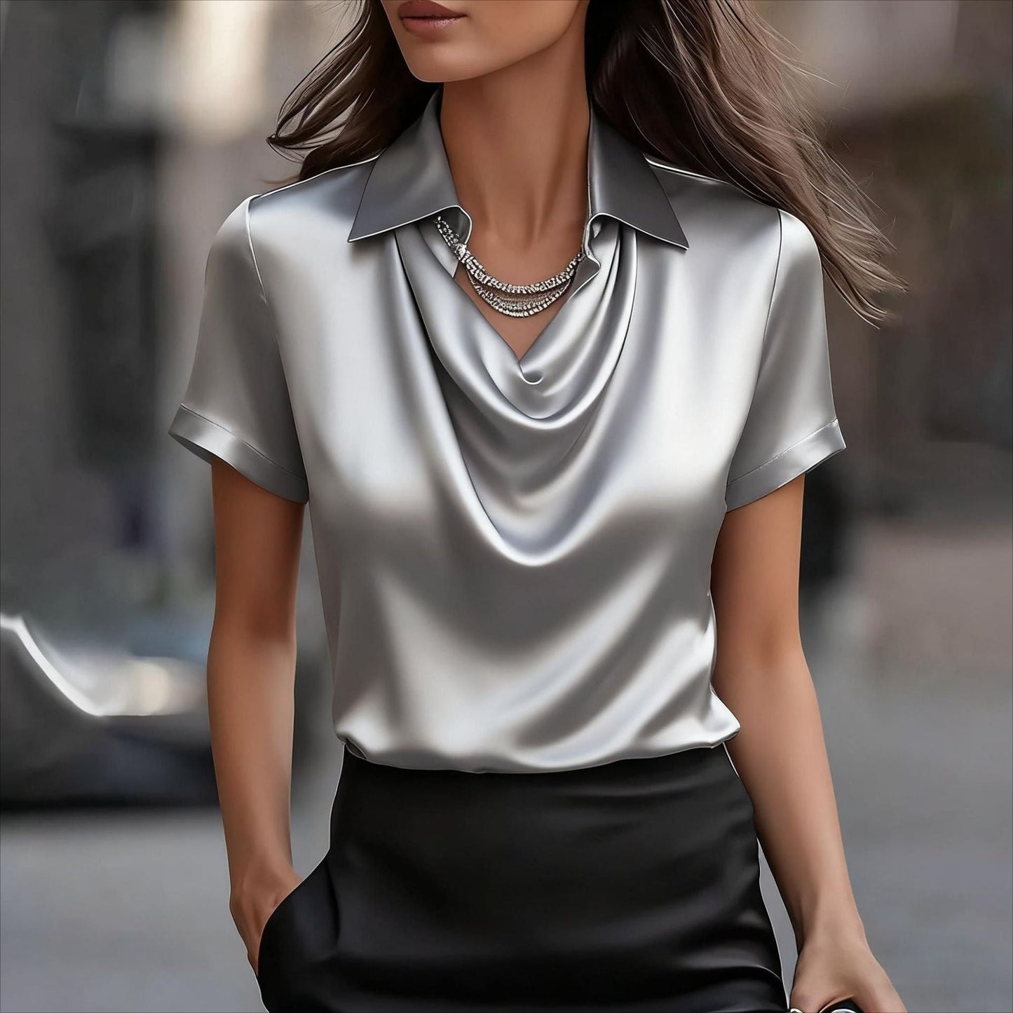 Damen Satinbluse Weich Eleganter Kragen Eveloria