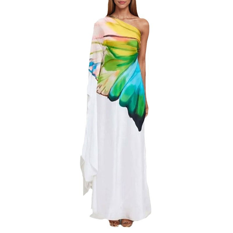 Damen Maxikleid Asymmetrisch Künstlerdruck Eveloria