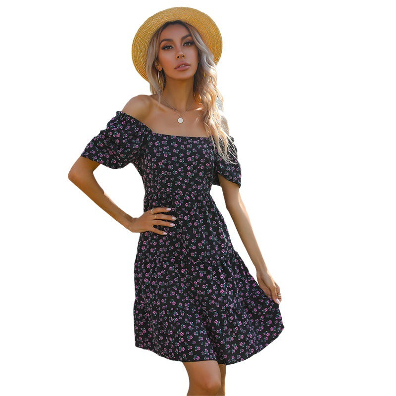 Damen Retro Blümchenkleid Weite Puffärmel Voluminöser Rock