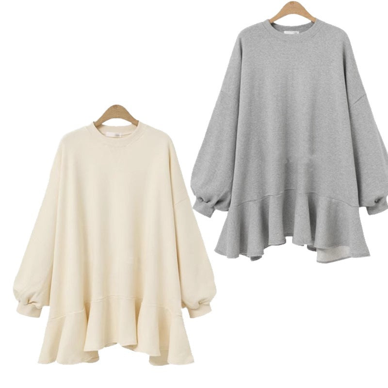 Damen Oversized Sweatshirtkleid Voluminöser Rüschensaum