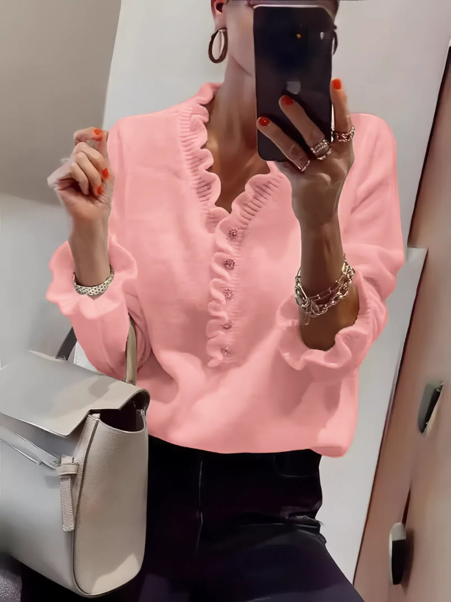 Damen Bluse Rüschendesign Knopfleiste Blume Farbe Weiß