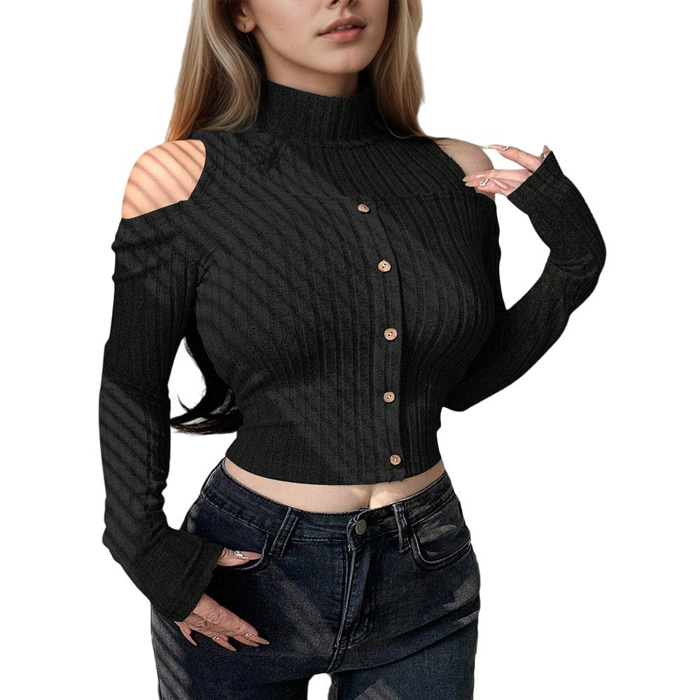 Damen Cropped Langarm-Pullover Schulterfrei Knopfverschluss Eveloria