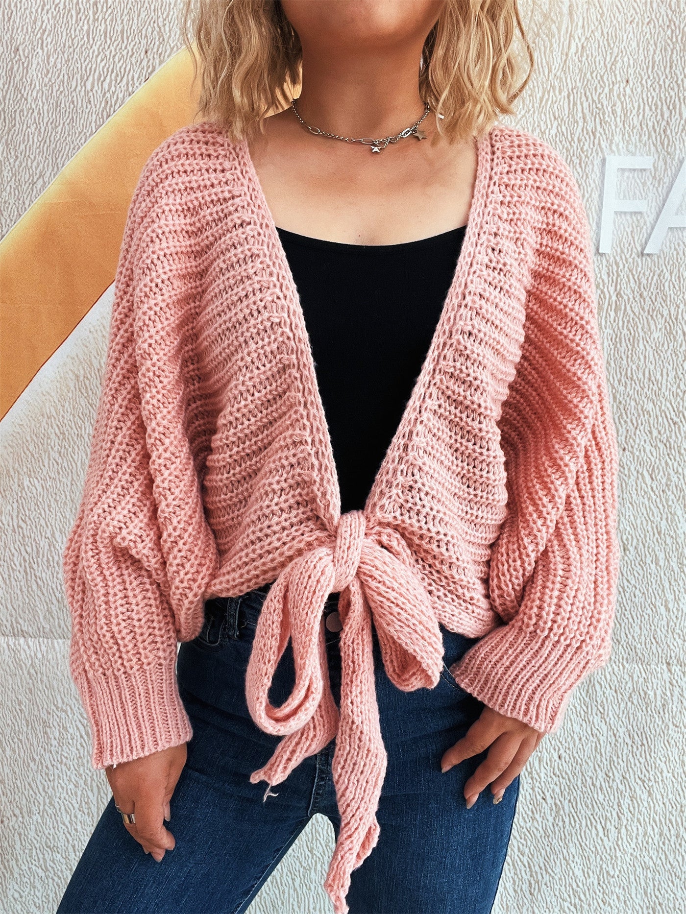 Damen Strickcardigan Oversize mit Bindebändern Beige