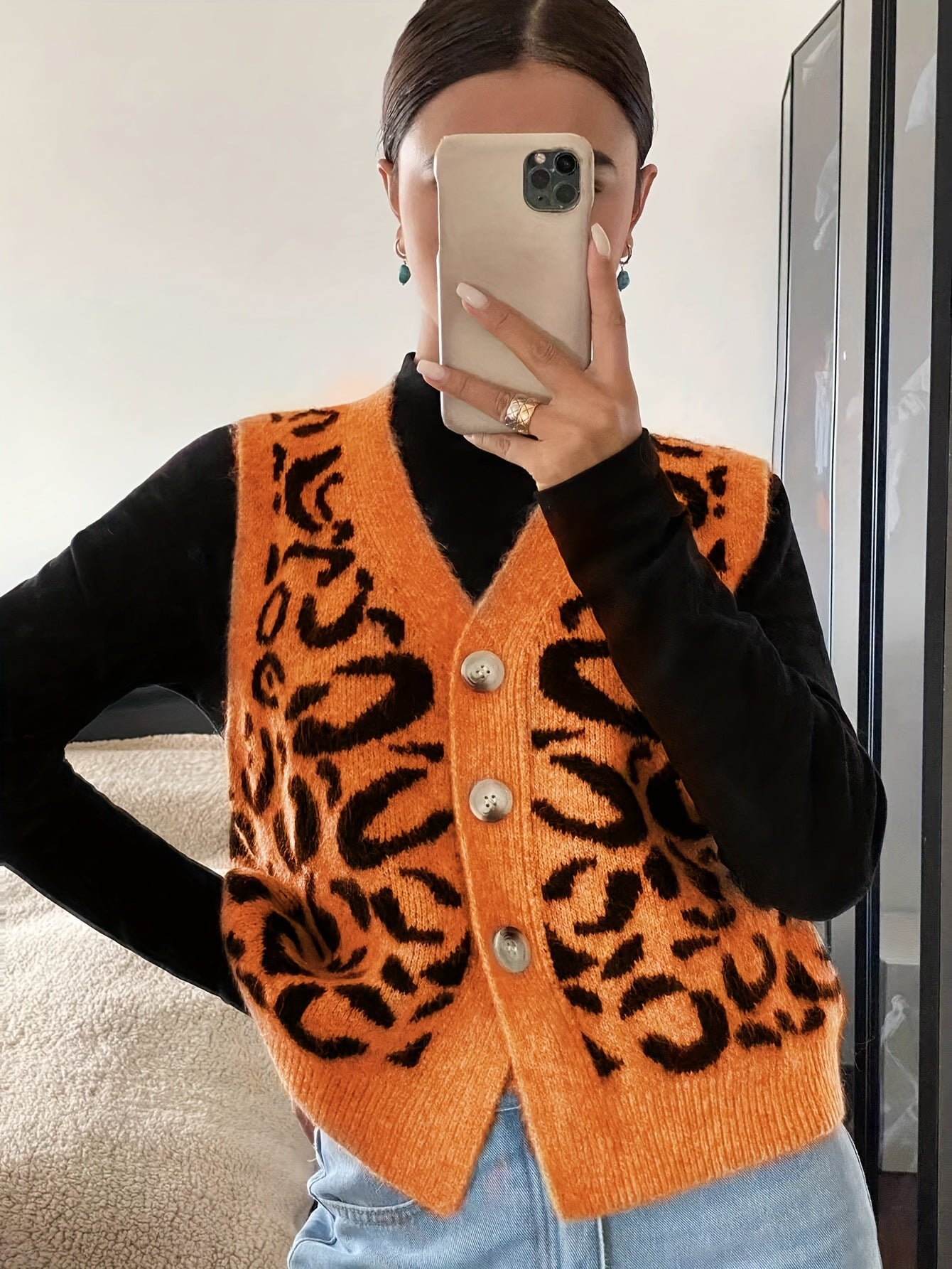 Damen Strickweste Leoprint Hochwertig