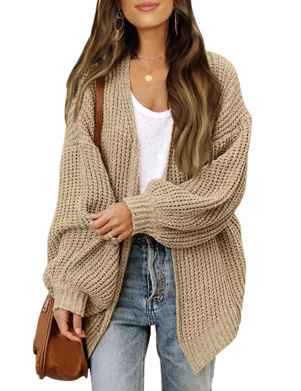 Damen Strickjacke Oversized Luftig V-Ausschnitt Beige