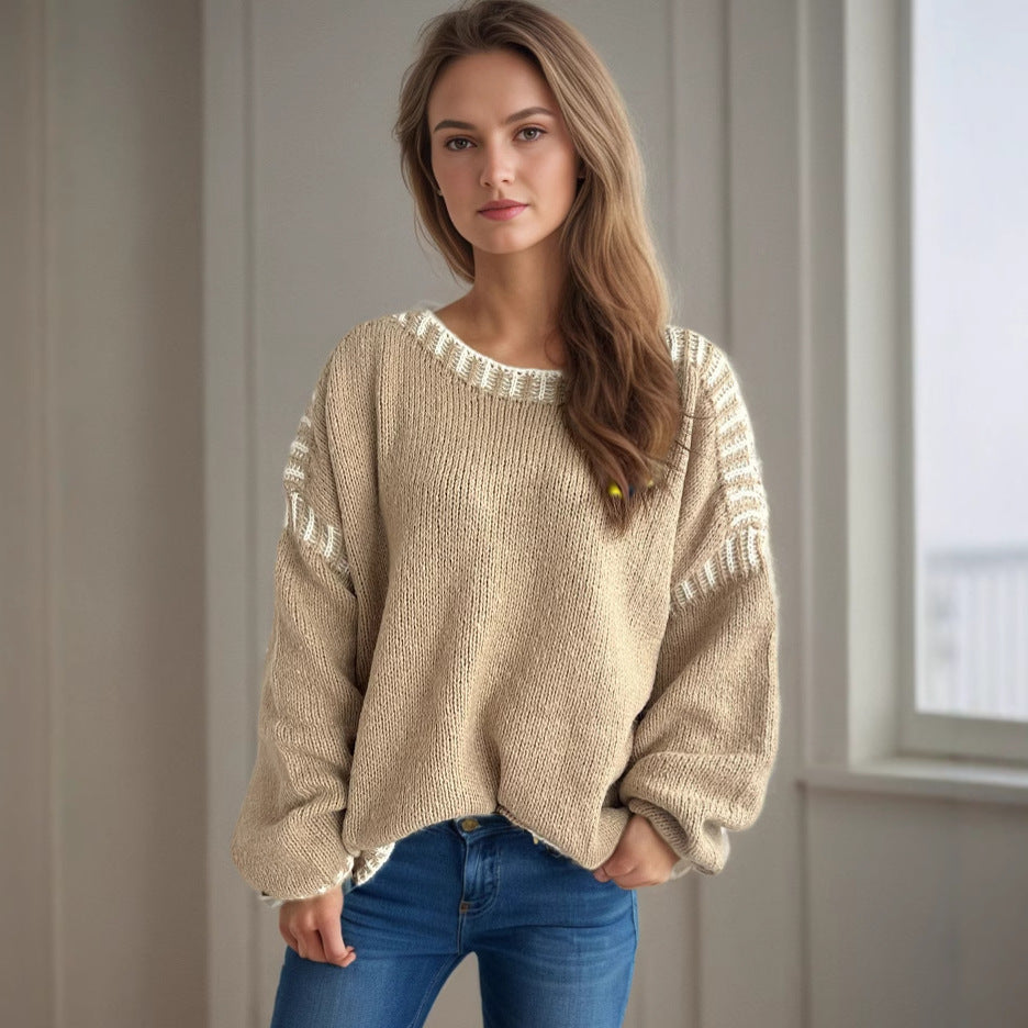 Damen Grobstrickpullover Lässiger Schnitt Gestreifte Ärmel