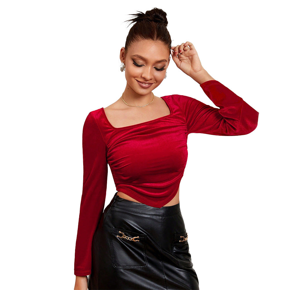 Damen Crop- Puffärmel Asymmetrisch Rüschen Elegant
