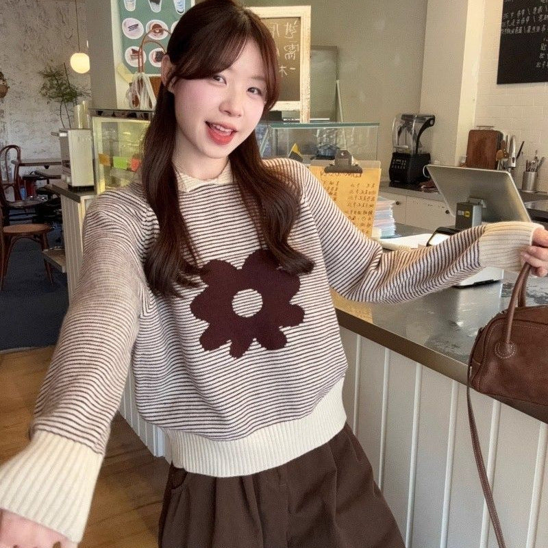 Damen Pullover Gestreift Mit Floralem Muster Lässig