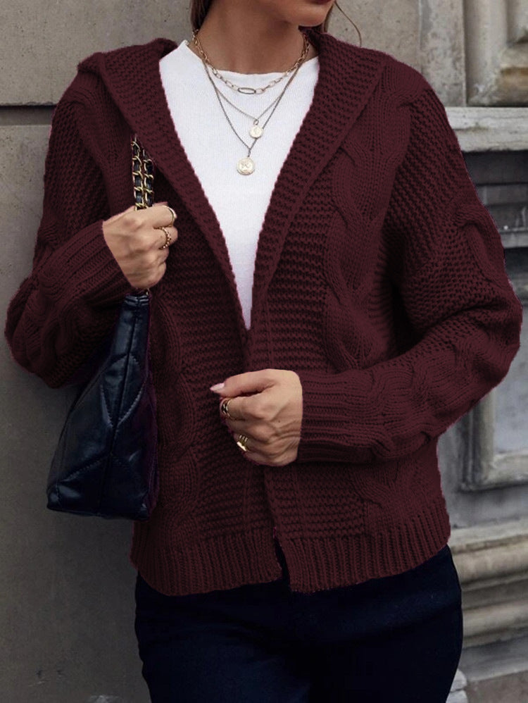 Damen Cardigan Grobstrick Kapuze Zopfmuster Beige