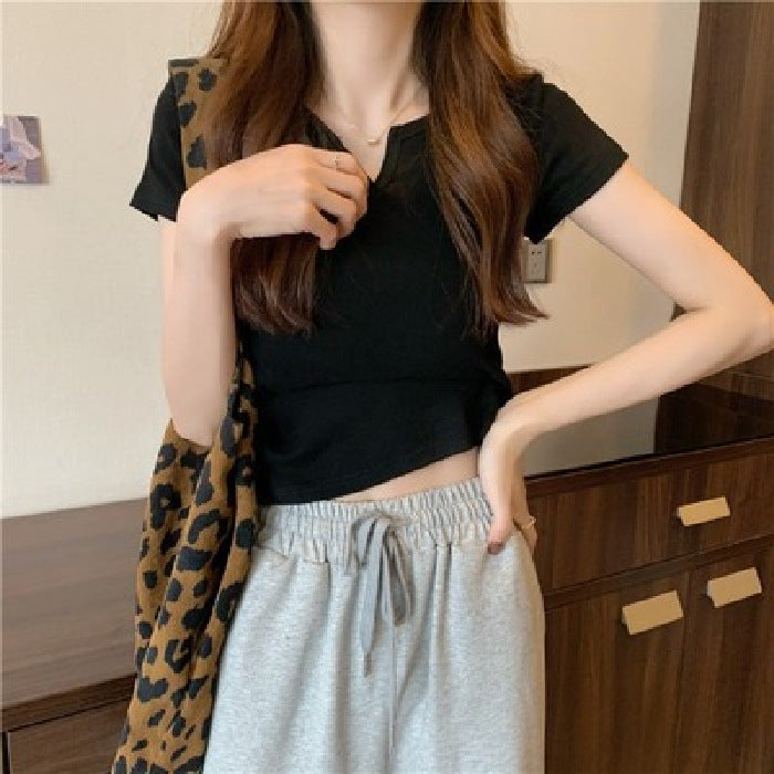 Damen T-Shirt Cropped Baumwolle Figurbetont Dunkelblau