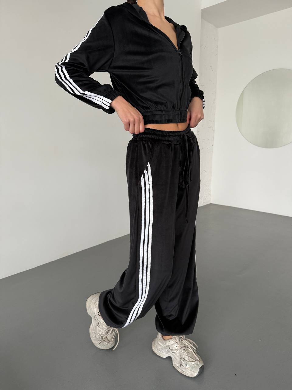 Damen Fleece Sportanzug Cropped Jacke Weite Hose