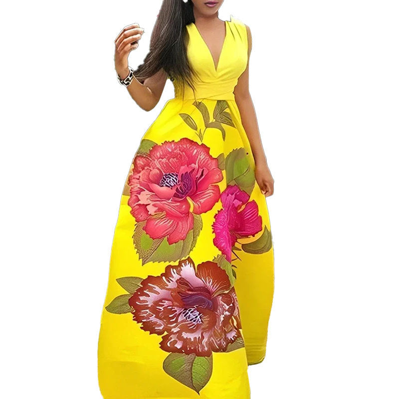 Damen Maxikleid V-Ausschnitt Blumenmuster Elegant