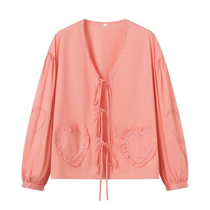 Damen Bluse mit Herz-Applikationen Rüschendetails