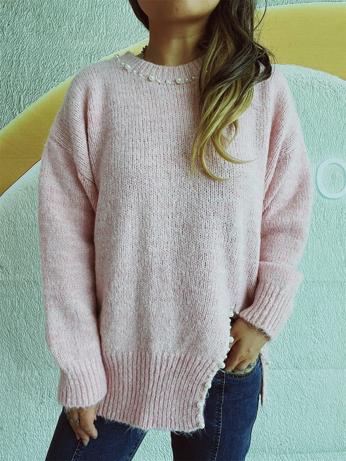 Damen Pullover Kuschelfaser Filigrane Perlenverzierung Anthrazit
