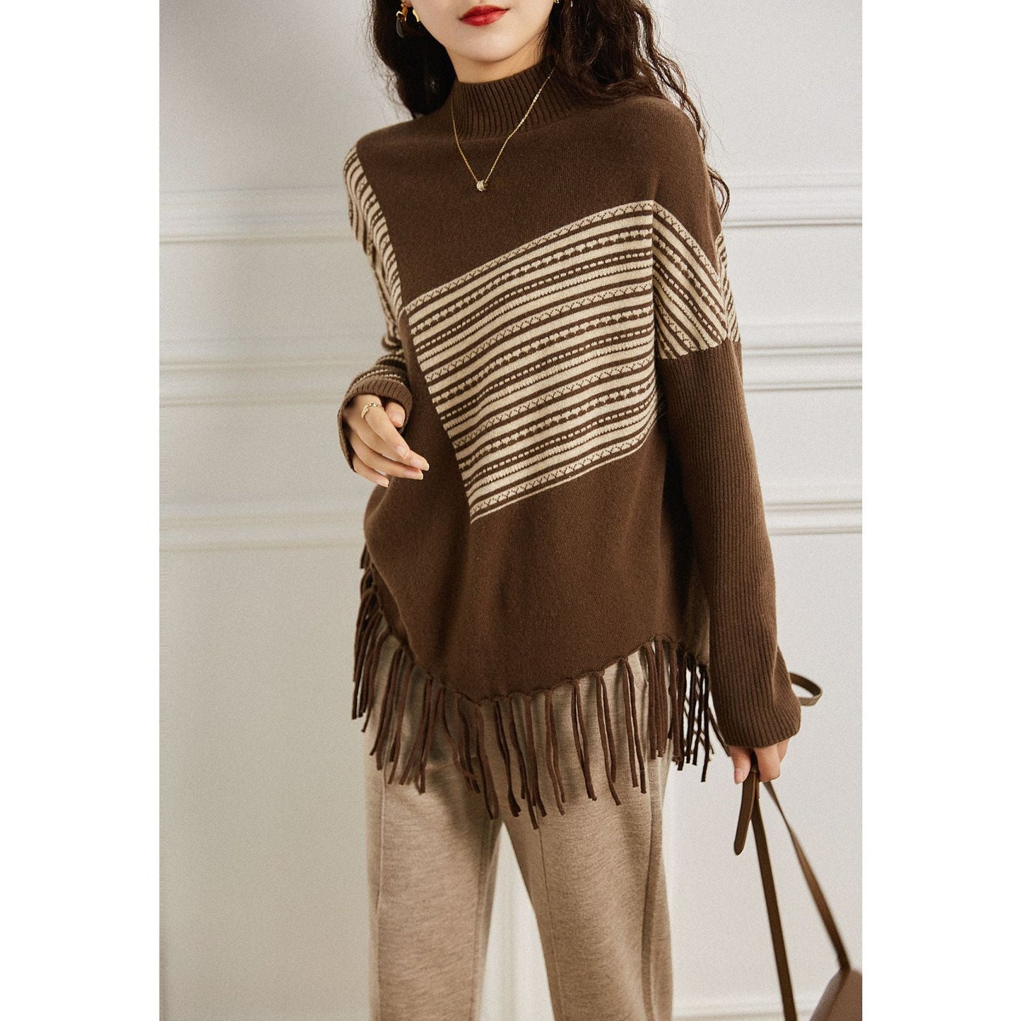 Damen Strickpullover Geometrisches Muster Fransen