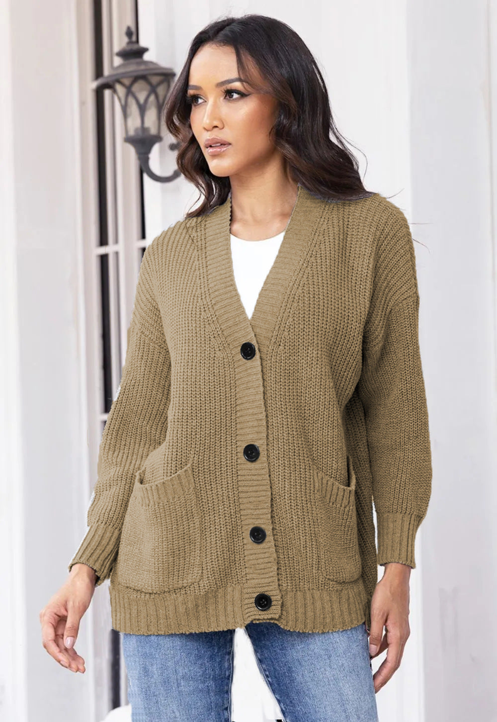 Damen Cardigan Grobstrick mit großen Taschen V-Ausschnitt Beige